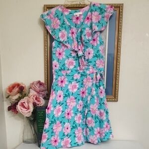 Girls Floral Ruffle Dress in Blue and Pink Garden Party Vacation Summer Spring